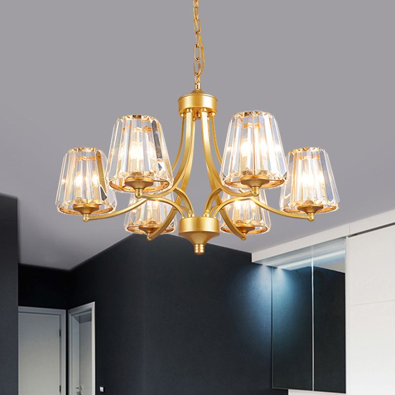 Conic Crystal Prisms plafondlamp Minimalisme 6-licht gouden hanger kroonluchter met curvy arm
