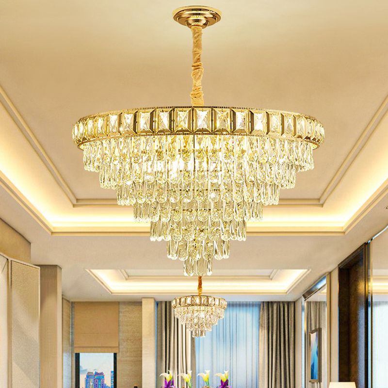 Minimalistic Cone Shaped Hanging Lamp Beveled-Cut Crystal Living Room Chandelier in Clear