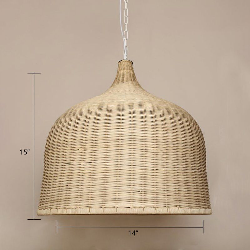 Modern Cloche Shaped Hanging Lamp Bamboo 1-Light Bedroom Ceiling Light Fixture in Wood