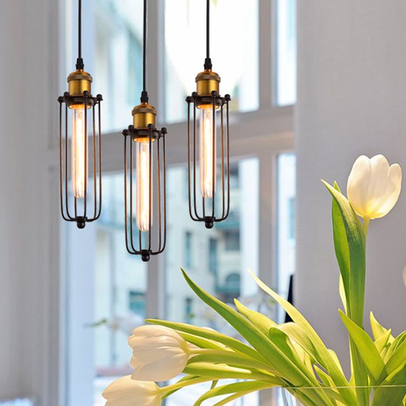 Vintage Industrial Cylindrical Wire Cage Pendant Light Black Metal Suspension Light for Living Room