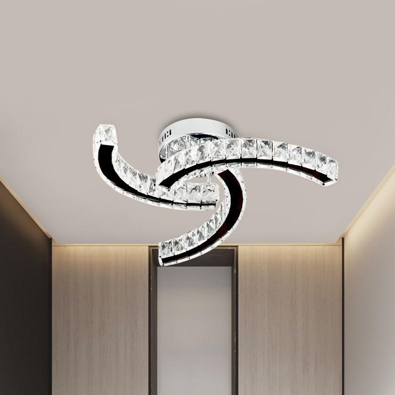 Modernist Curved Linear Ceiling Lamp Crystal Block LED Parlor Semi Flush Lamp in Stainless-Steel, Warm/White Light