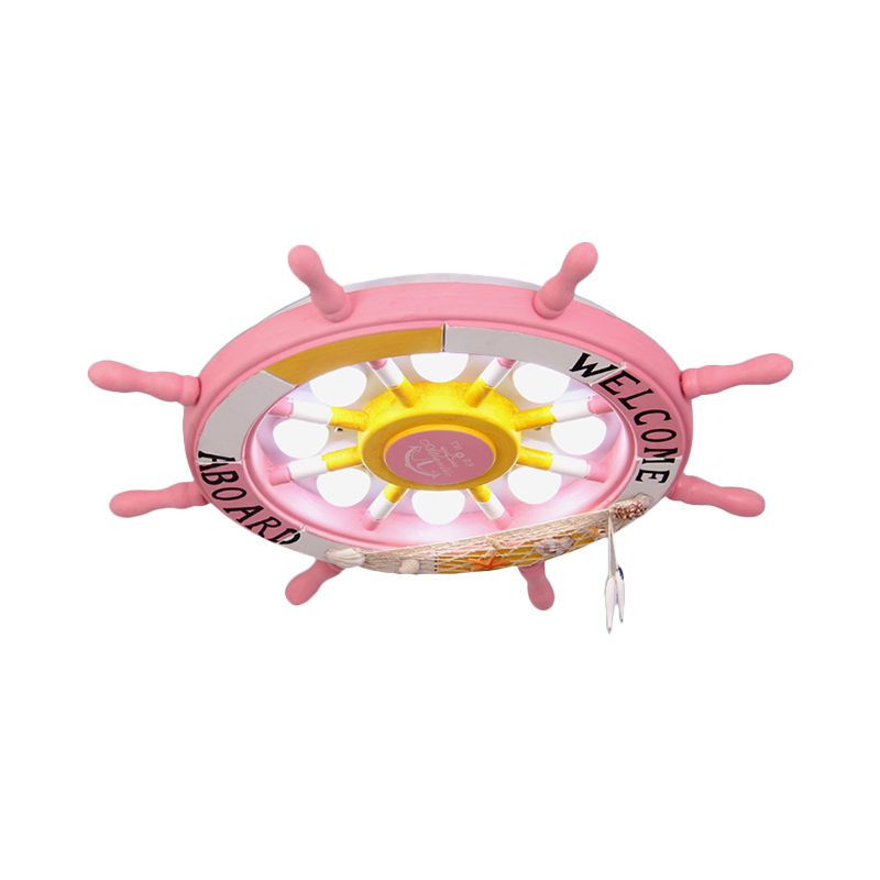 Wooden Ship Rudder Ceiling Lamp Kids 8-Bulb White/Pink/Blue LED Semi Flush Mount Light in White/3 Color Light