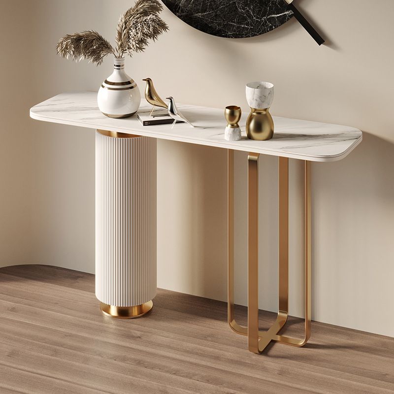 Glam Stone Console Sofa Table Rectangle Metal End Table for Hall
