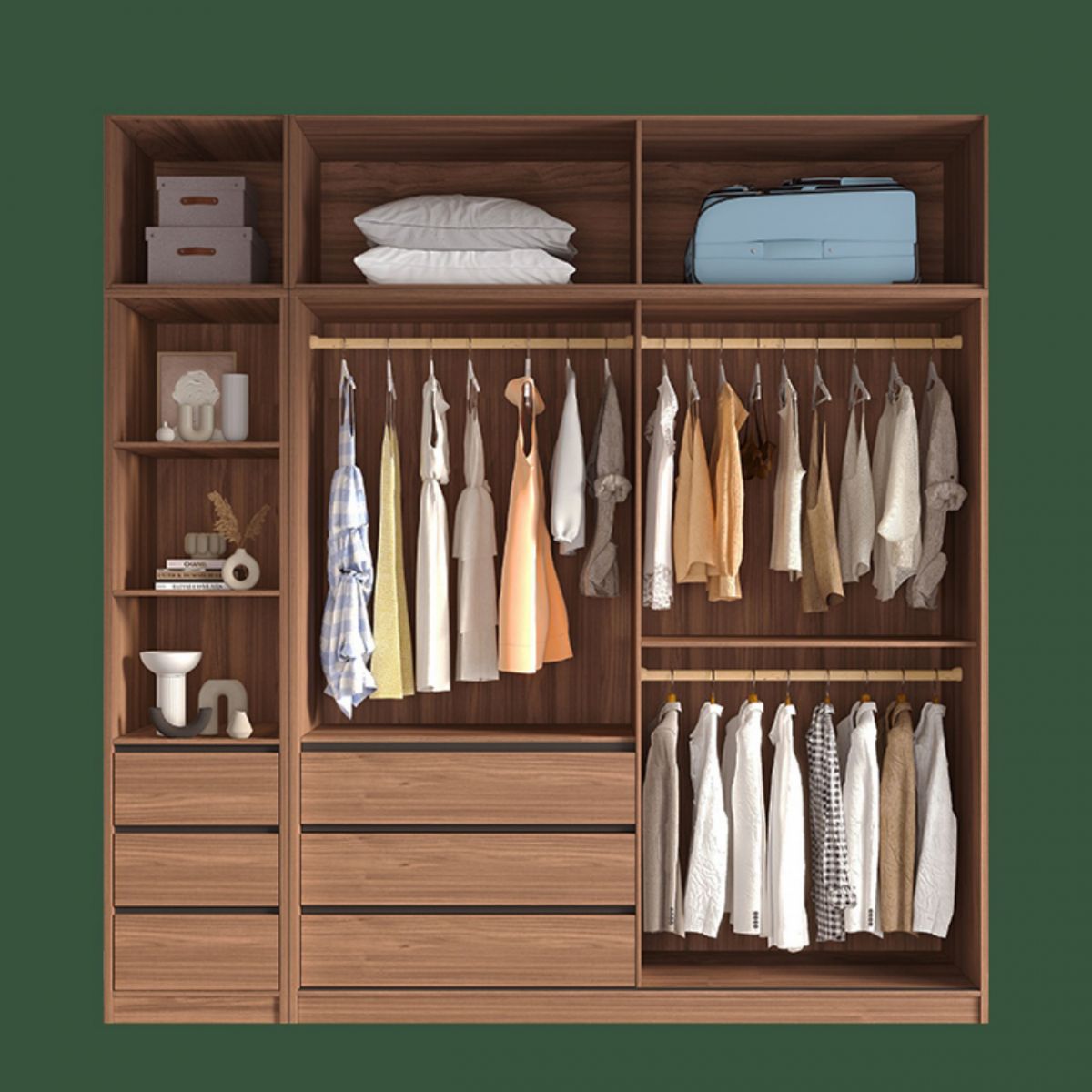 Modern Freestanding Wardrobe Brown Wood Wardrobe Armoire with Drawers