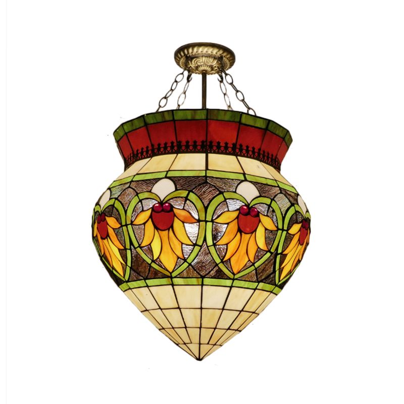 Green 3 Lights Semi Flush Mount Light Tiffany Style Stained Glass Flower Ceiling Lighting for Corridor