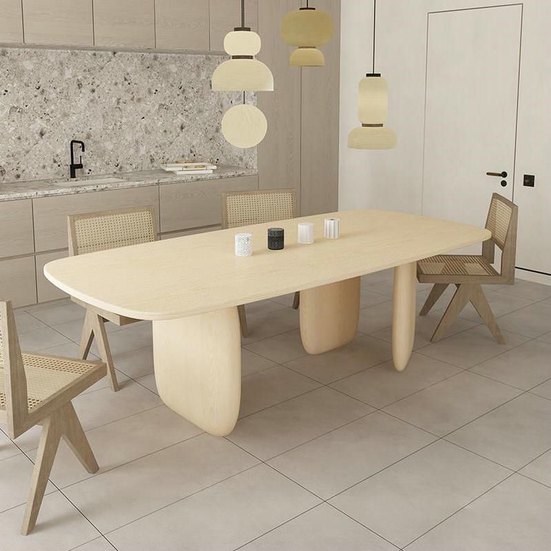 Table à manger rectangulaire jaune clair, Table en bois massif de pin de luxe avec 3 pieds