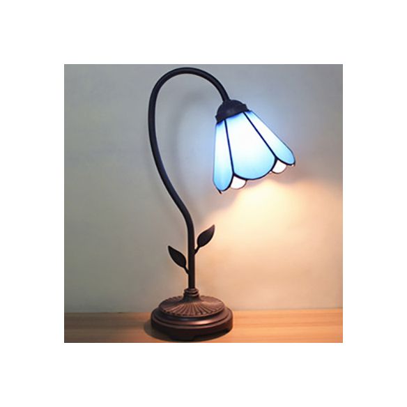 Blue/Red/Yellow Cone/Bell Shade Table Lamp Tiffany Stylish 1 Light Stainless Glass Table Lighting with Curved Arm
