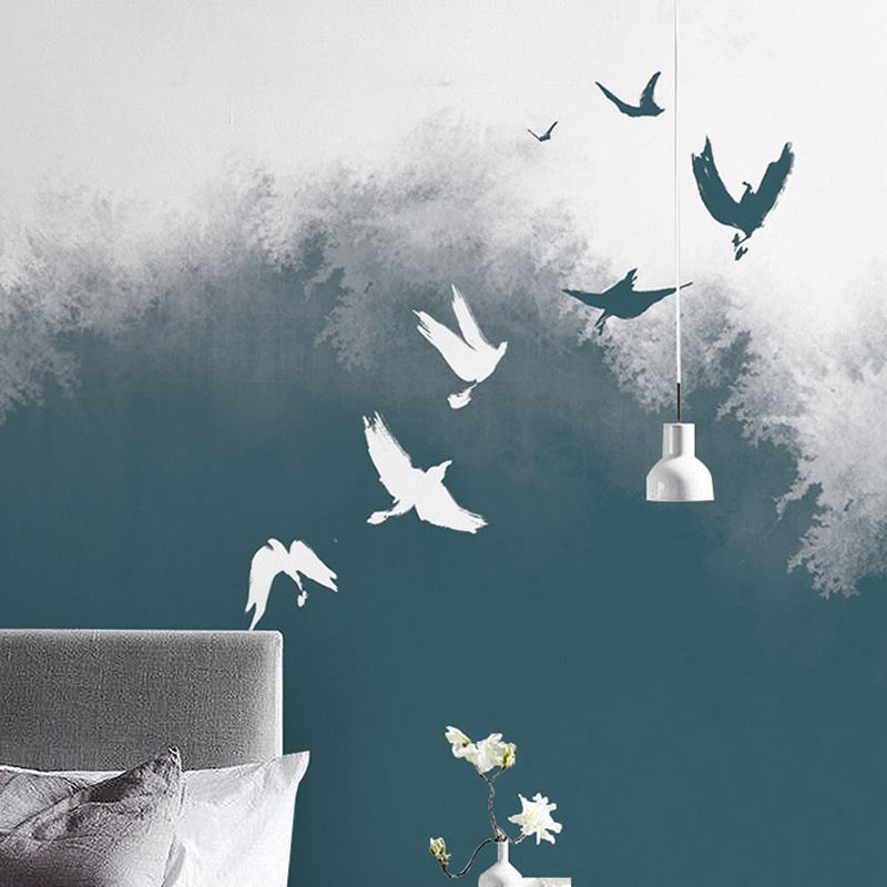 Bush and Flying Bird Mural Wallpaper in Green and White, Nostalgic Wall Covering for Living Room