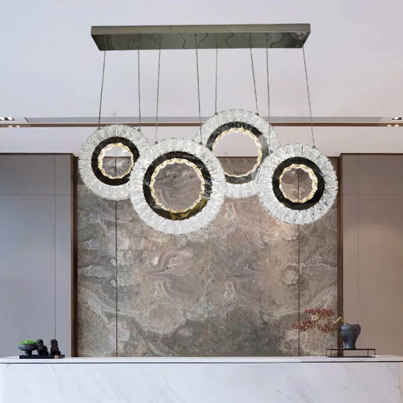 4-Ring Clear Crystal Blocks Suspension Light Contemporary LED Porch Multi Ceiling Lamp in Black