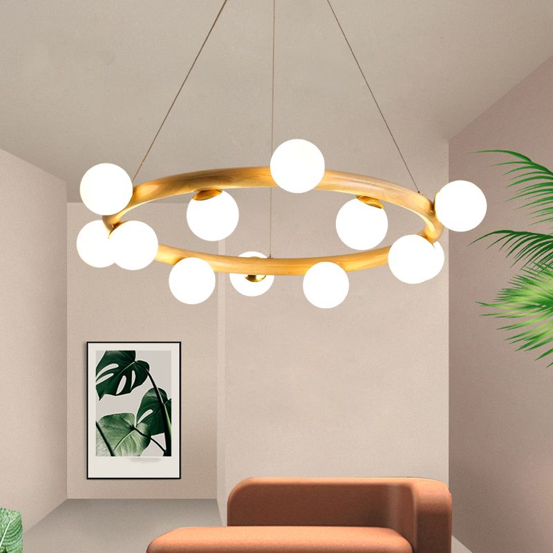 Modern Creative Chandelier Wooden Globe Pendant Light with White Glass Shade