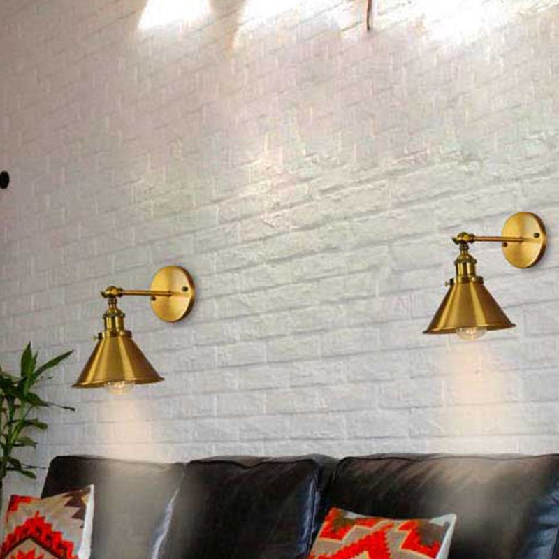 Industrial Style Cone Wall Sconce Metal 1 Light Sconces in Gold for Living Room