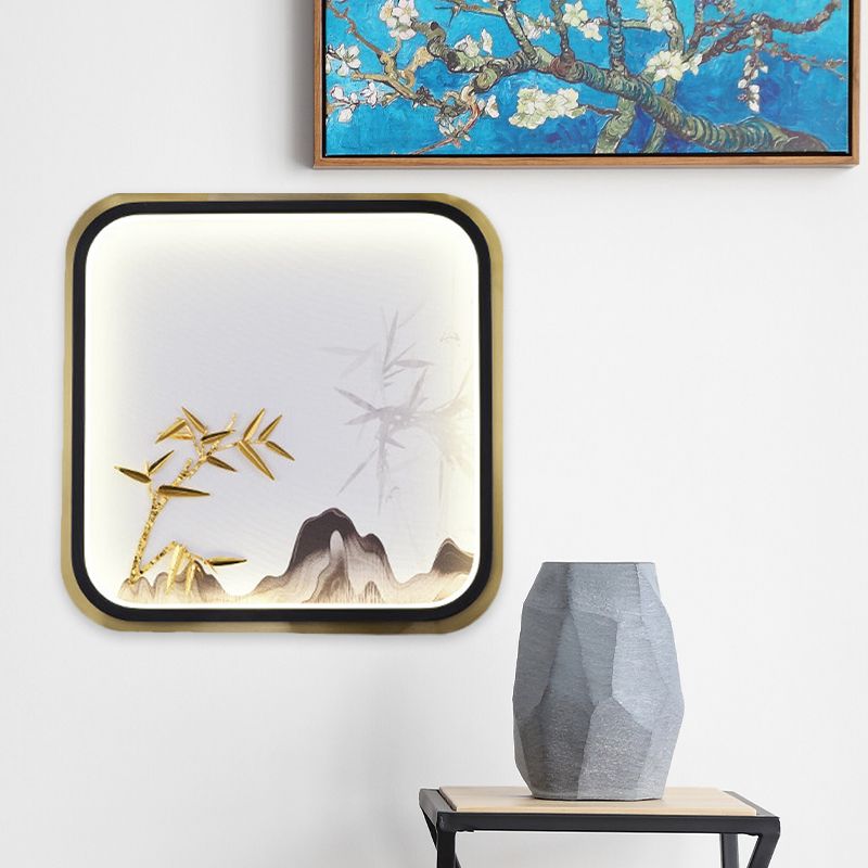 Rectangle/Square Bedroom Wall Lighting Metal LED Oriental Style Mural Lamp in Gold with Bamboo and Mountain Pattern