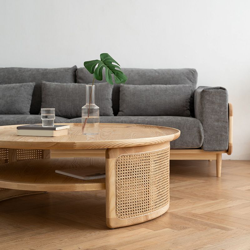 Scandinavian Round Coffee Table with Shelf in Wicker and Solid Wood