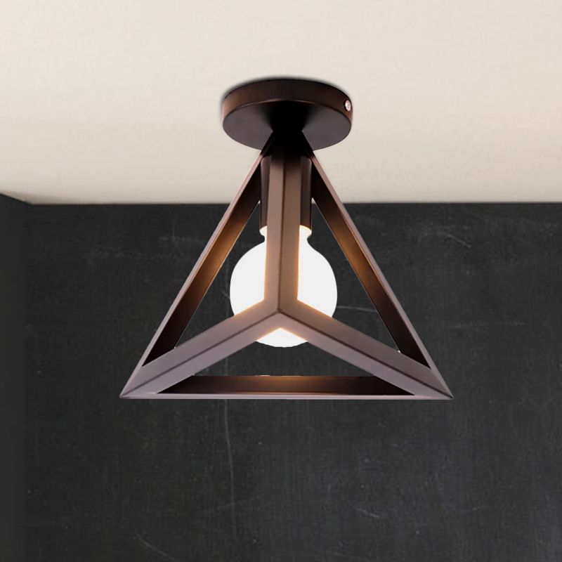 Lámpara de techo semi empotrada de jaula de alambre industrial retro con pantalla triangular Lámpara de techo de metal de 1 cabezal en negro/gris/blanco