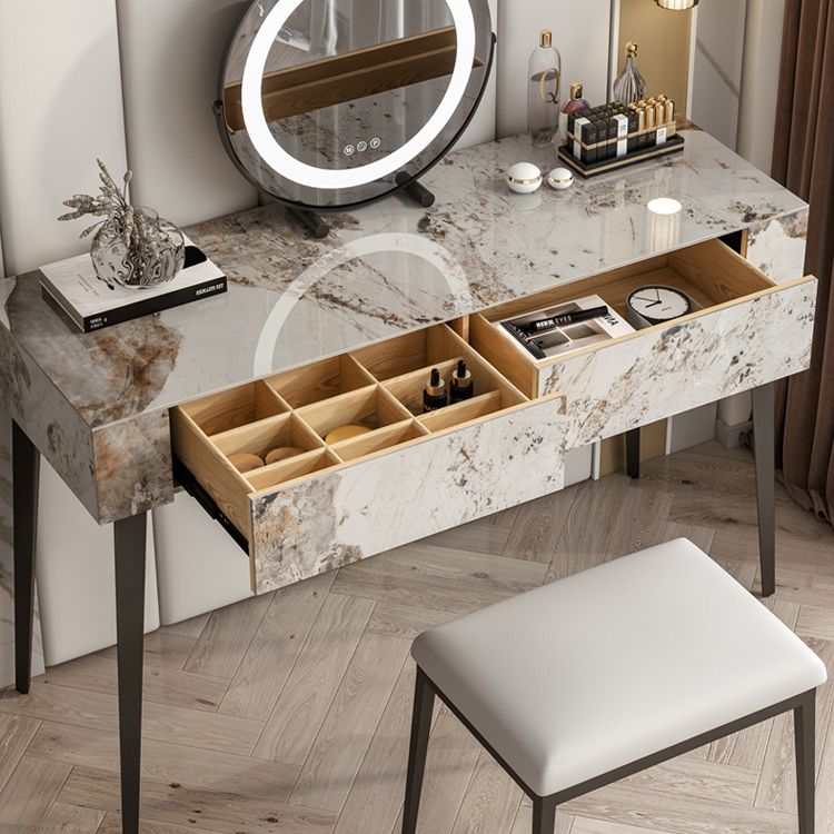 Stone Top Dressing Table Stool Set Black Vanity with Wood Drawers