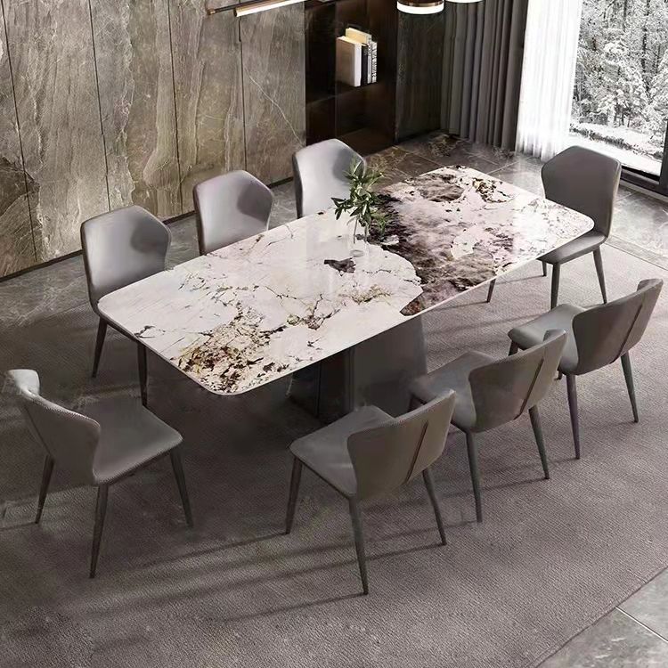 Minimalist Style Dining Table with White Fixed Table and Pedestal Base for Home Use