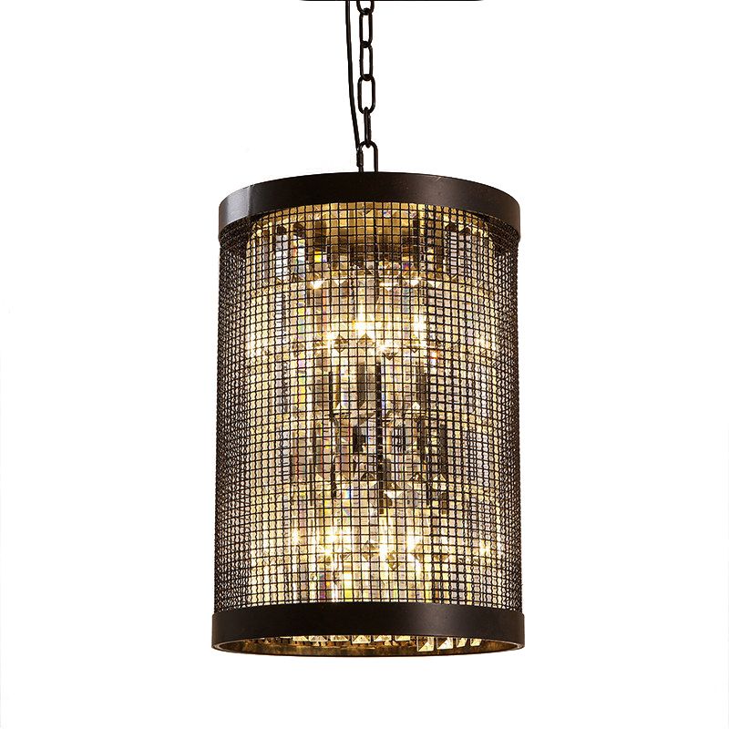 6 Lights Cylinder Chandelier Light Country Black Metal Hanging Ceiling Fixture for Dining Room with Clear Crystal Block