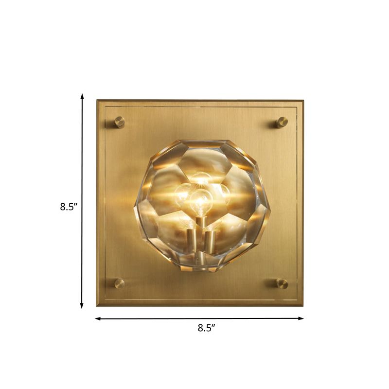 Bol en cristal en facette lampe murale du milieu du milieu du siècle 1 application de salon légère avec plaque arrière carrée en bronze