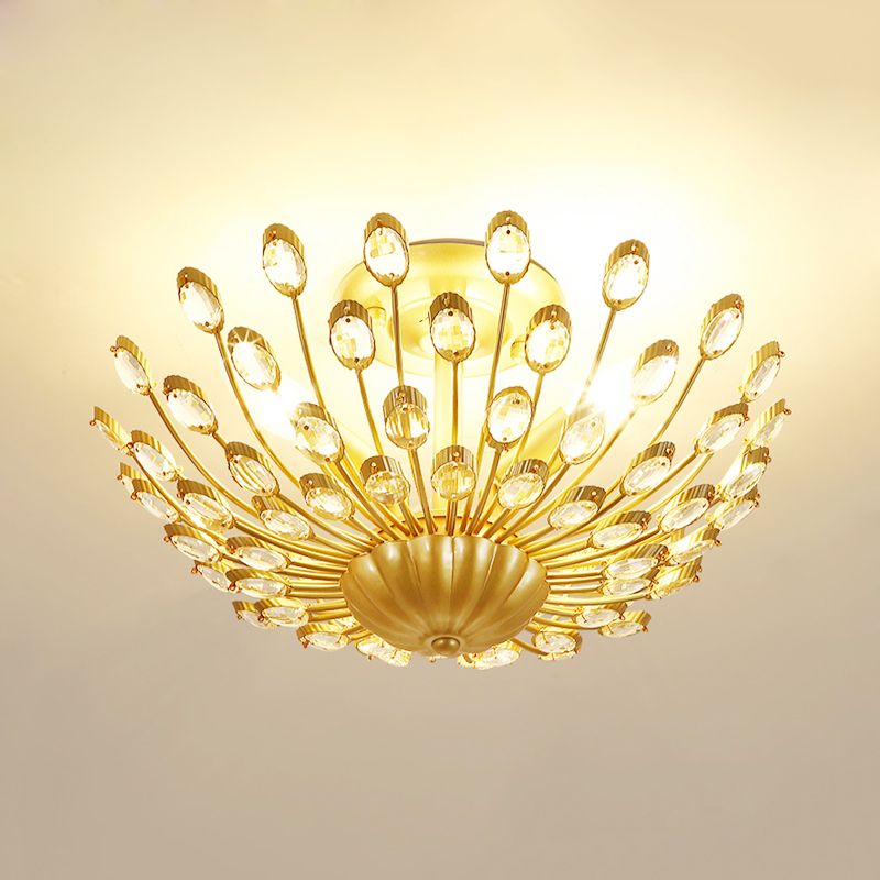 Peacock Crystal Semi Flush Mount Light Vintage 3 Lights Bedroom Ceiling Light Fixture in Gold