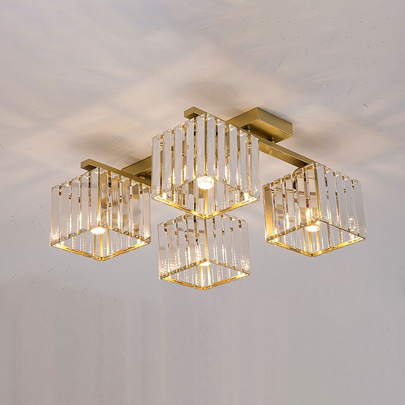 Accesorio de techo para sala de estar, barra de cristal de tres lados, cuadrado moderno, semiempotrado, 4/6/9 luces, en dorado/negro