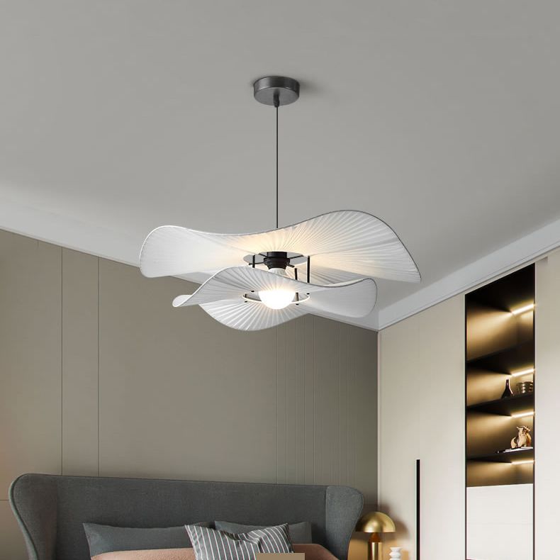 White Ruffled Suspension Lamp Minimalism 1 Bulb Fabric Pendant Light Fixture for Bedroom