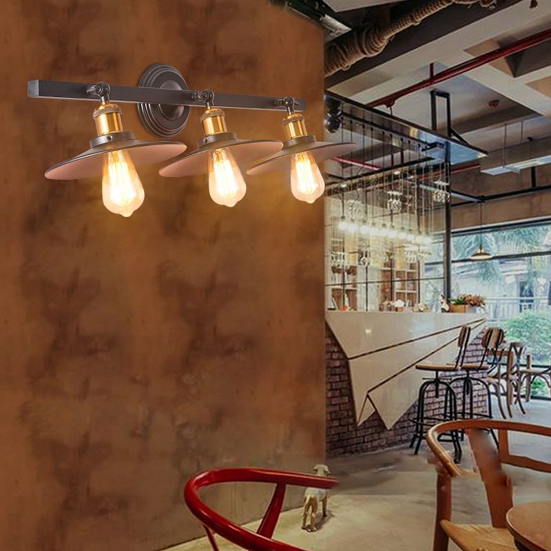 Éclairage mural linéaire Style d'entrepôt Iron 3 lumières Café Shop Murd Murd Moute avec de la teinte évasée en noir