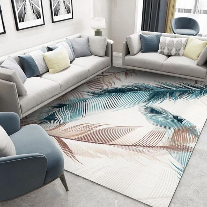 Grey Living Room Area Rug Plant Pattern Polyester Area Carpet Stain Resistant Easy Care Rug