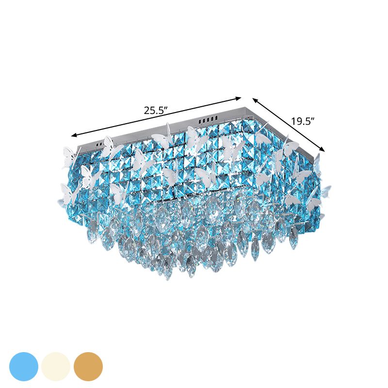 Rettangolo Flush Mount Lighting Semplicity Clear / Amber / Lake Blue Crystal LED Stainless - Steel Butterfly Massimale Light Fixture in Warm / White Light