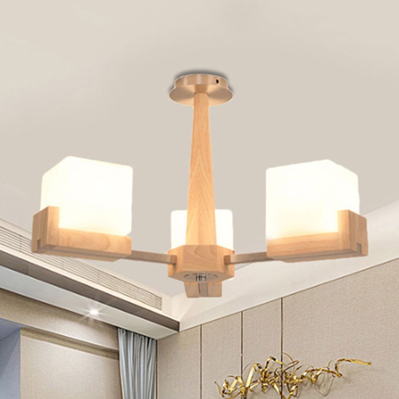 Wood Radial Semi Flush Mount Lighting Modern 3/5/8 Lights Beige Semi Flush Ceiling Lamp Fixture with White Glass Rectangle Shade