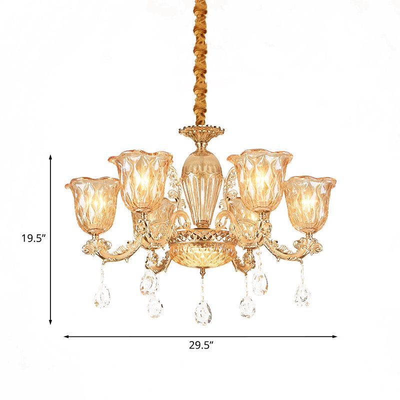 Gold 6-Bulb Pendant Light Fixture Mid Century Amber Glass Floral Chandelier with Crystal Drop