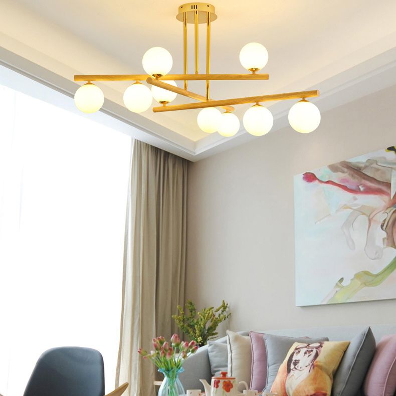 White Glass Bubble Chandelier Modern Gold and Wood Grain Hanging Light for Living Room