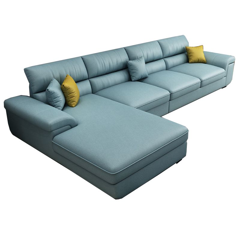 Blue L-Shape Sectional with Pillow Top Arm and Pillows Back for Four People