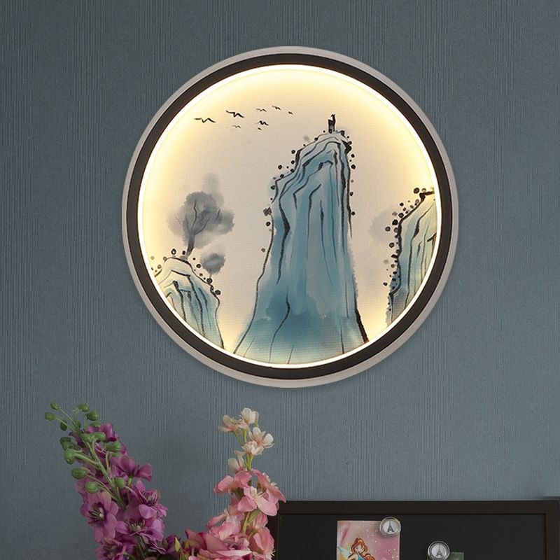 Blue Mount Tai Drawing Mural Lamp Chinese Aluminum LED Circular Sconce Lighting Fixture