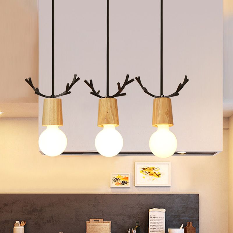 Nordic Antler Multipli sospeso in legno a 3 luci a soffitto a 3 luci con design a lampadina aperta