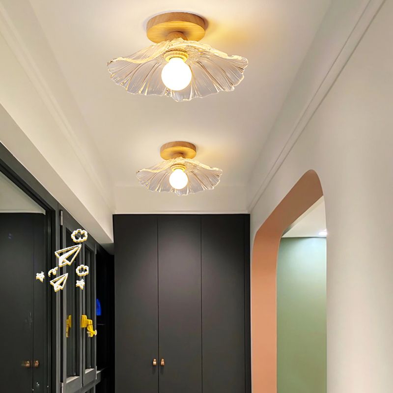 Modern Wooden Semi Flush Mount Glass Shade Semi Flush for Living Room