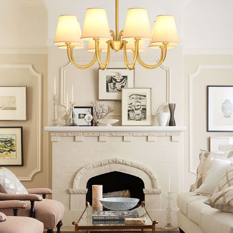 Traditional Classic Radial Pendant Light Copper Chandelier with White Fabrics Shade