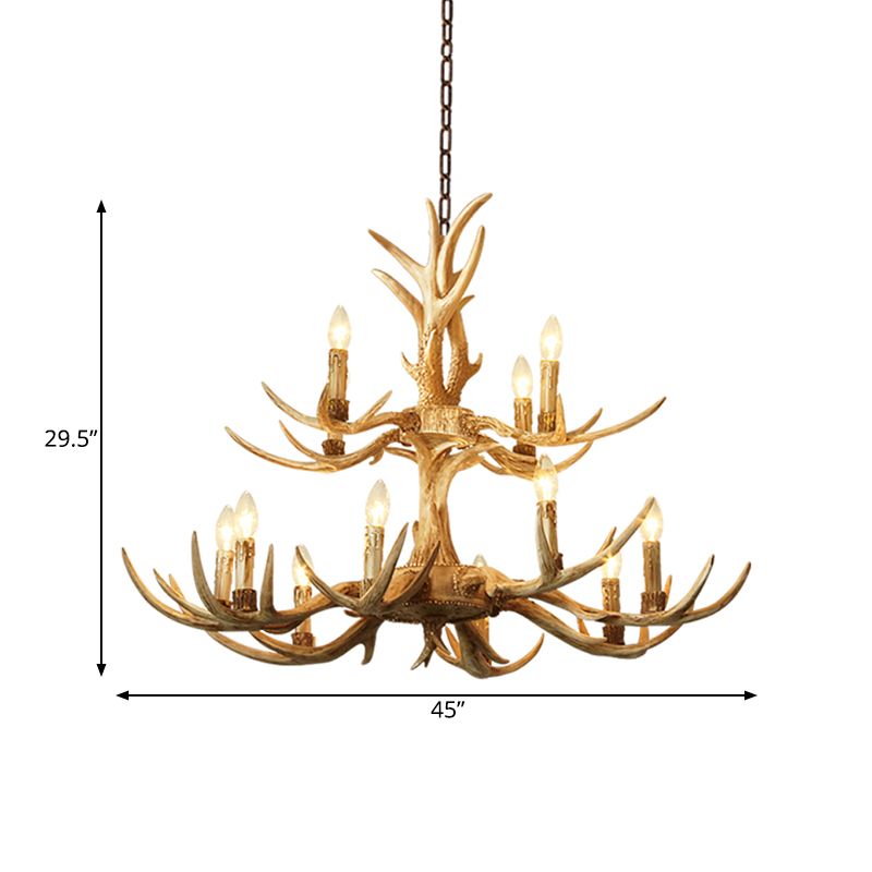 12 Heads Chandelier Lighting Farmhouse 2-Tier Resin Hanging Ceiling Lamp in Brown for Living Room