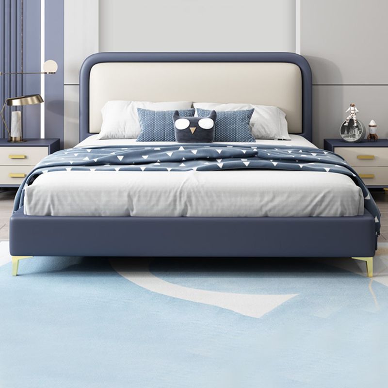 Modern Wooden Blue Standard Bed with Rectangular Headboard and Legs