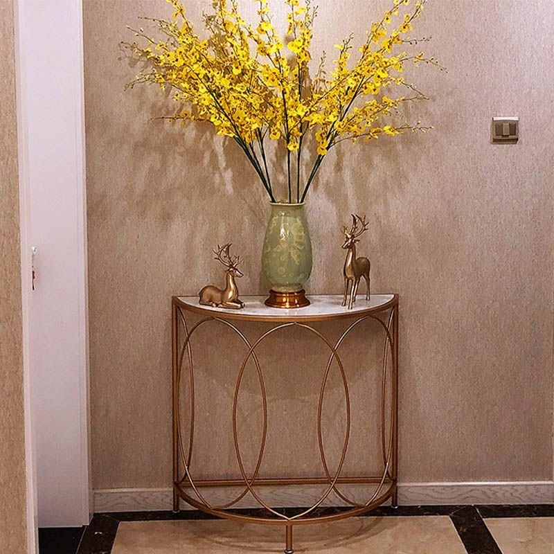 Modern Half Moon Console Table Stone Console Sofa Table in Gold and White