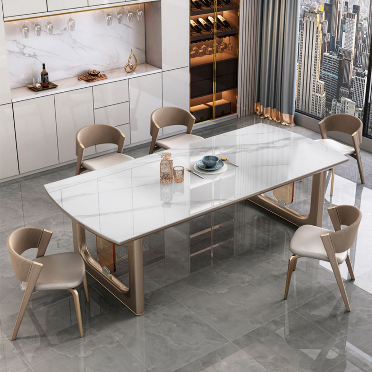 Glossy White Stone Top Dining Table Set for Home 1/2/5/7 Pcs Modern Dinette Set