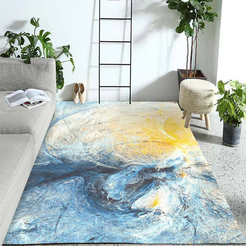 Yellow and Blue Contemporary Rug Polyester Watercolor Pattern Rug Non-Slip Backing Washable Carpet for Living Room