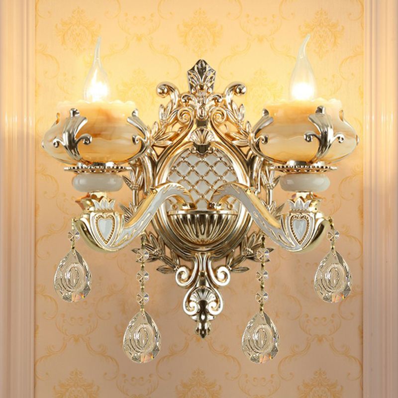 Jade Wall Mount Light Traditional Beige Flower Corridor Wall Sconce with Crystal Drop