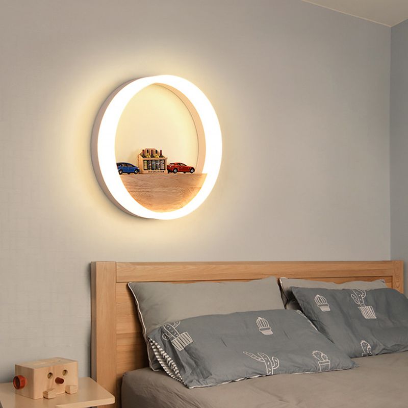 Iluminación en forma de acrílico O iluminación minimalista Luz de pared LED con estante de madera