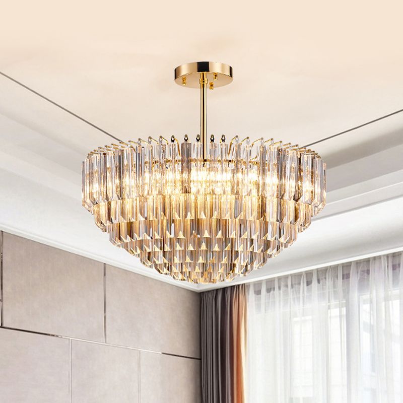 10 lichten Conic Semi Mount Lighting Modernistisch Gold Facet Crystal Plafond Light -armatuur met gelaagd ontwerp