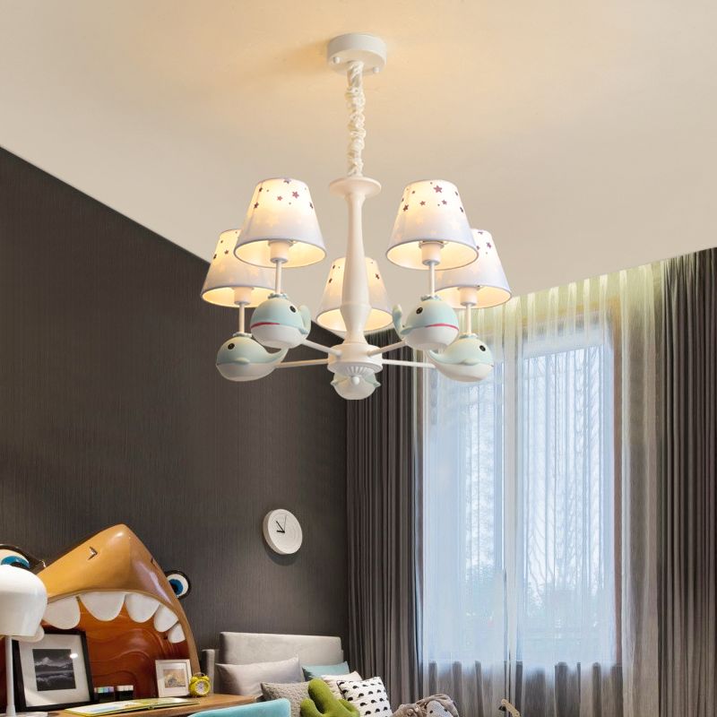 Star Patterned Fabric Chandelier Pendant Light Childrens Light Blue Hanging Light with Resin Dolphin