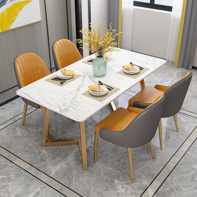Glam Rectangle Dining Table Set 1/4/5 Pieces White Stone Top Dinette Set