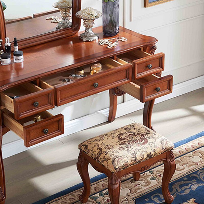 Solid Wood Brown Makeup Table Vanity with Drawers and Mirror