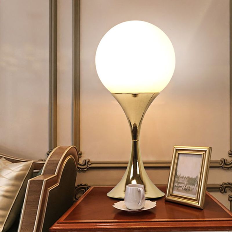 Modern Style Spherical Night Table Lamp White Glass One Light Nightstand Lamp in Gold