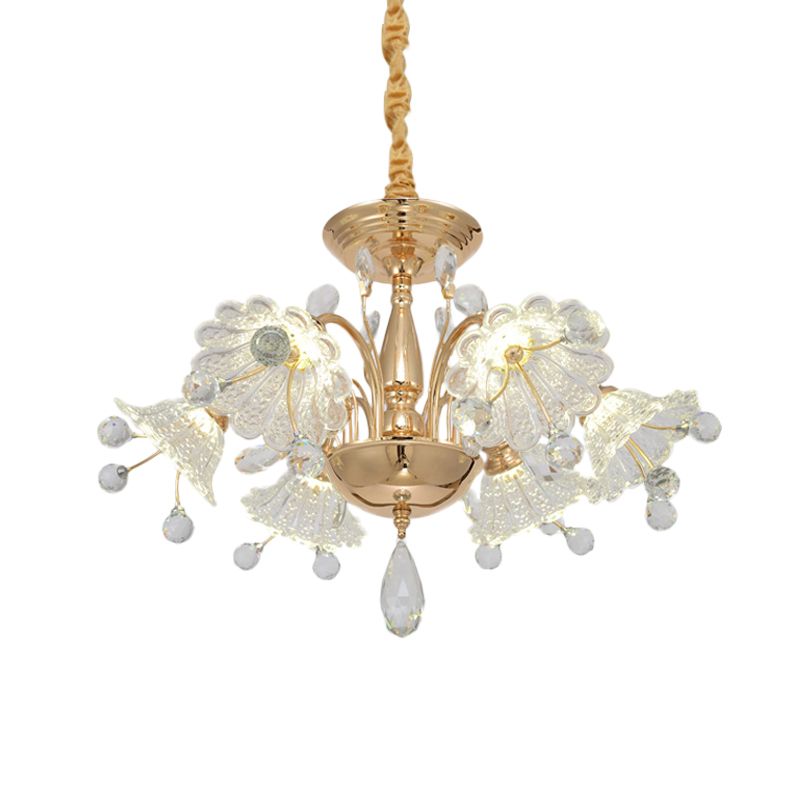 6 Bulbs Curved Arm Chandelier Lamp Contemporary Gold Finish Clear Crystal Flower Shade Suspension Light
