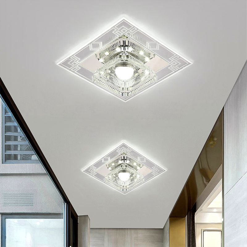 LED Corridor Flush Light Fixture Modern Chrome Close to Ceiling Lamp with Trapezoid Clear Crystal Shade
